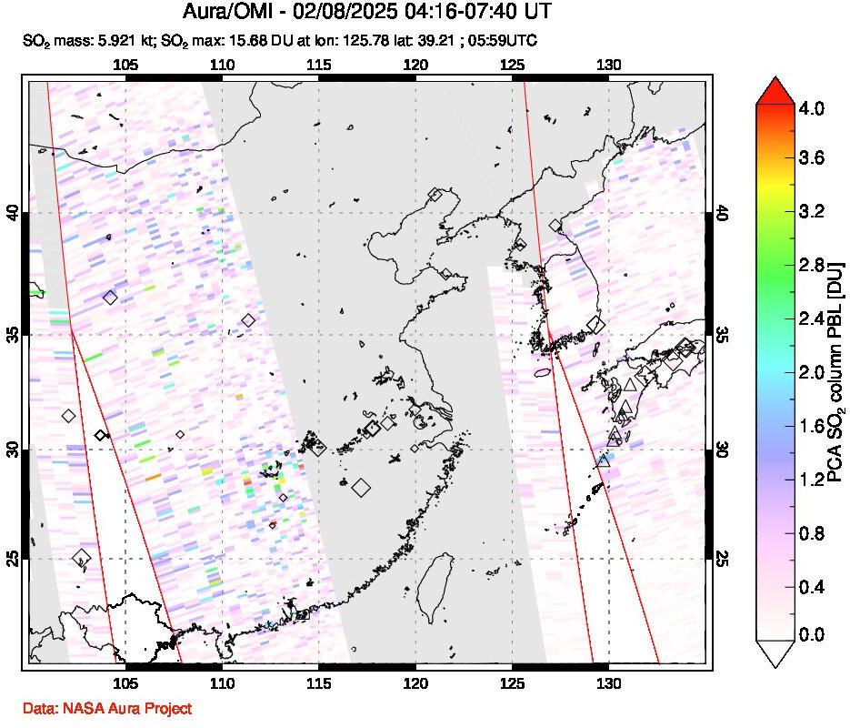 A sulfur dioxide image over Eastern China on Feb 08, 2025.