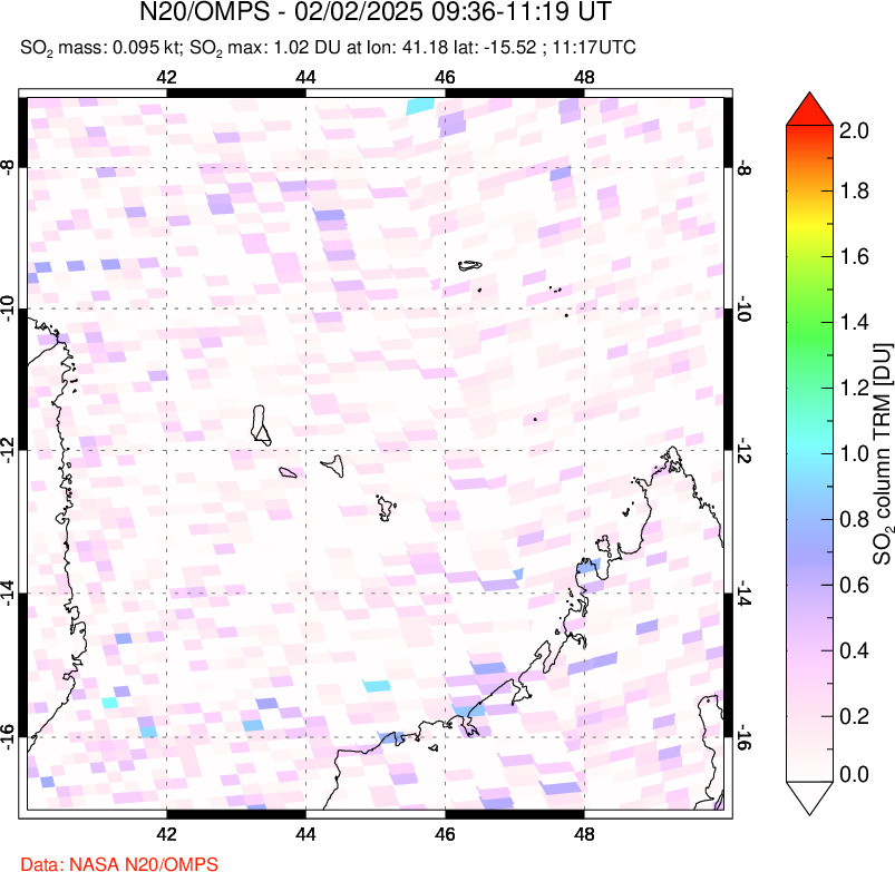 A sulfur dioxide image over Comoro Islands on Feb 02, 2025.