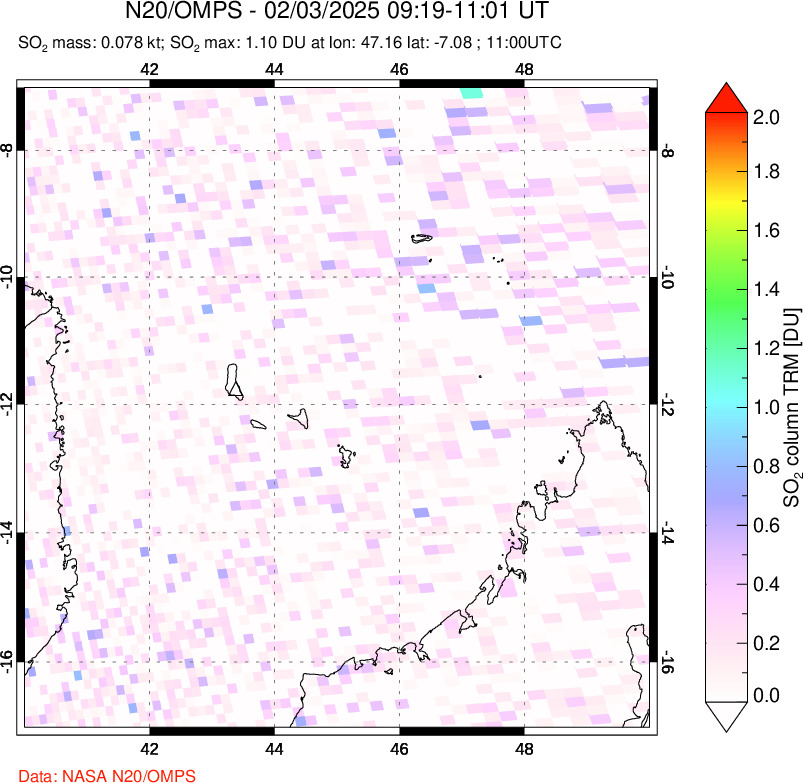 A sulfur dioxide image over Comoro Islands on Feb 03, 2025.