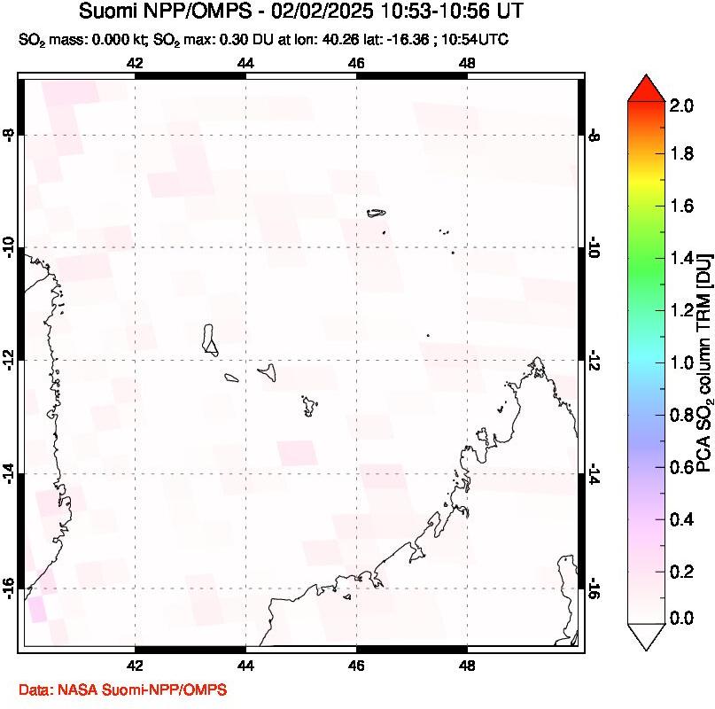 A sulfur dioxide image over Comoro Islands on Feb 02, 2025.