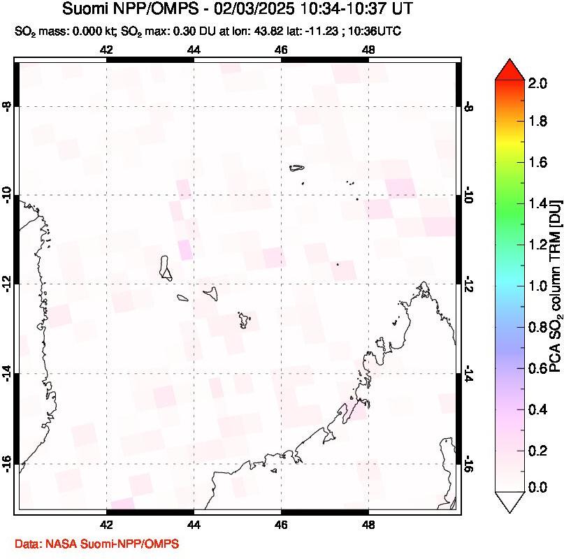 A sulfur dioxide image over Comoro Islands on Feb 03, 2025.