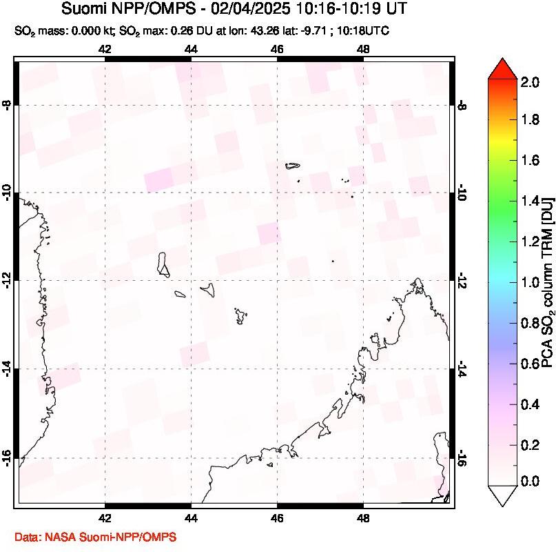 A sulfur dioxide image over Comoro Islands on Feb 04, 2025.