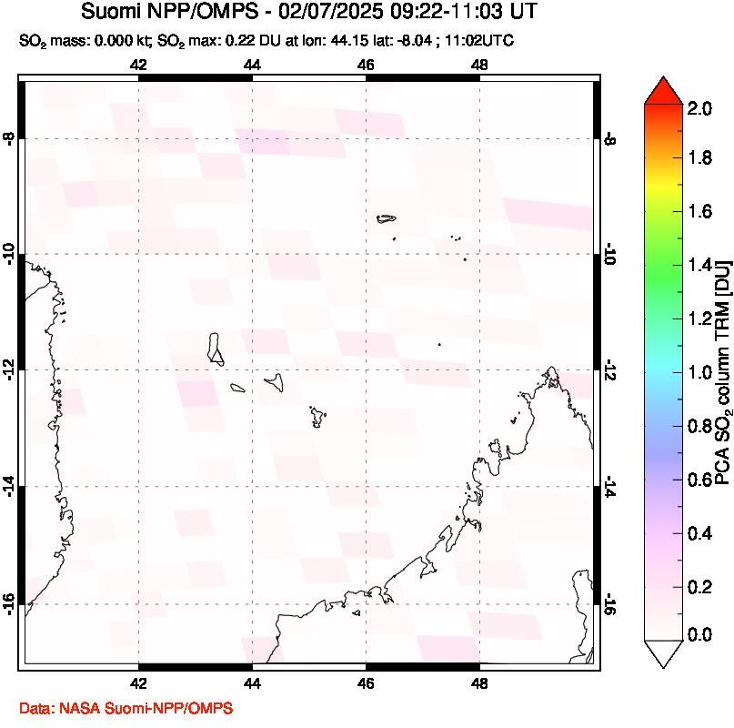 A sulfur dioxide image over Comoro Islands on Feb 07, 2025.