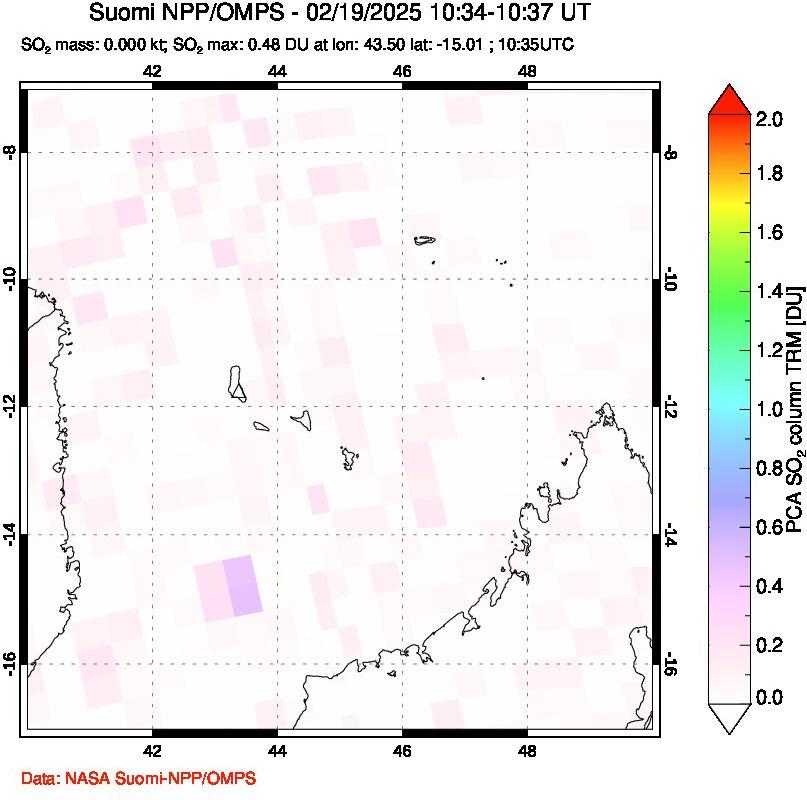 A sulfur dioxide image over Comoro Islands on Feb 19, 2025.