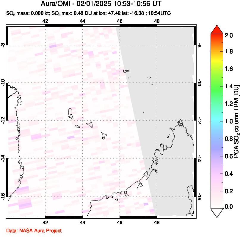 A sulfur dioxide image over Comoro Islands on Feb 01, 2025.