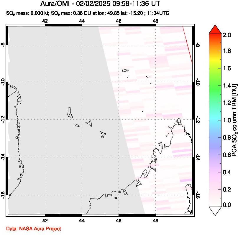 A sulfur dioxide image over Comoro Islands on Feb 02, 2025.