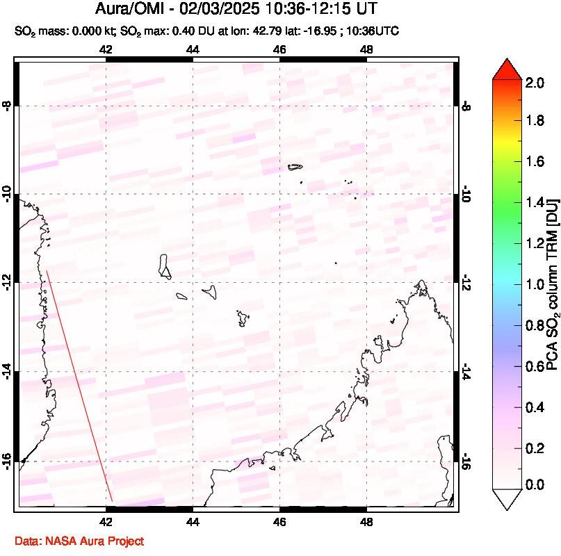 A sulfur dioxide image over Comoro Islands on Feb 03, 2025.