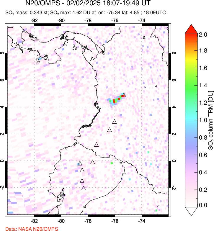 A sulfur dioxide image over Ecuador on Feb 02, 2025.