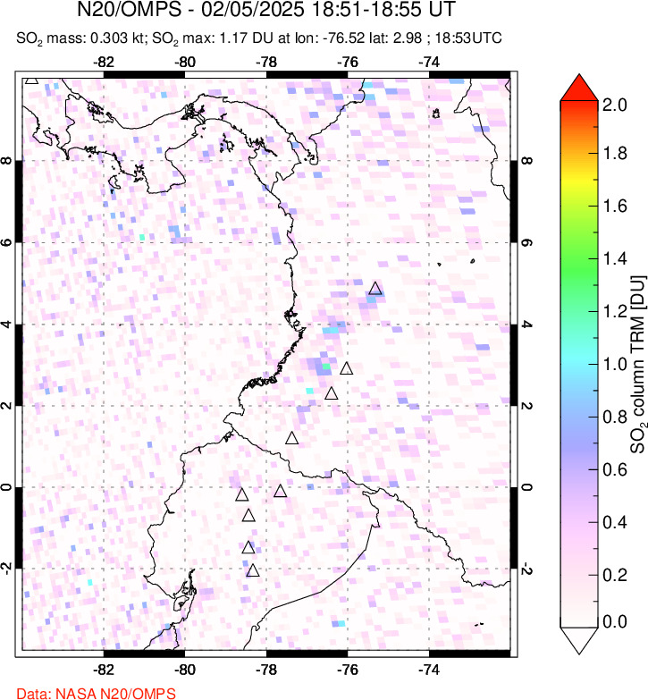 A sulfur dioxide image over Ecuador on Feb 05, 2025.