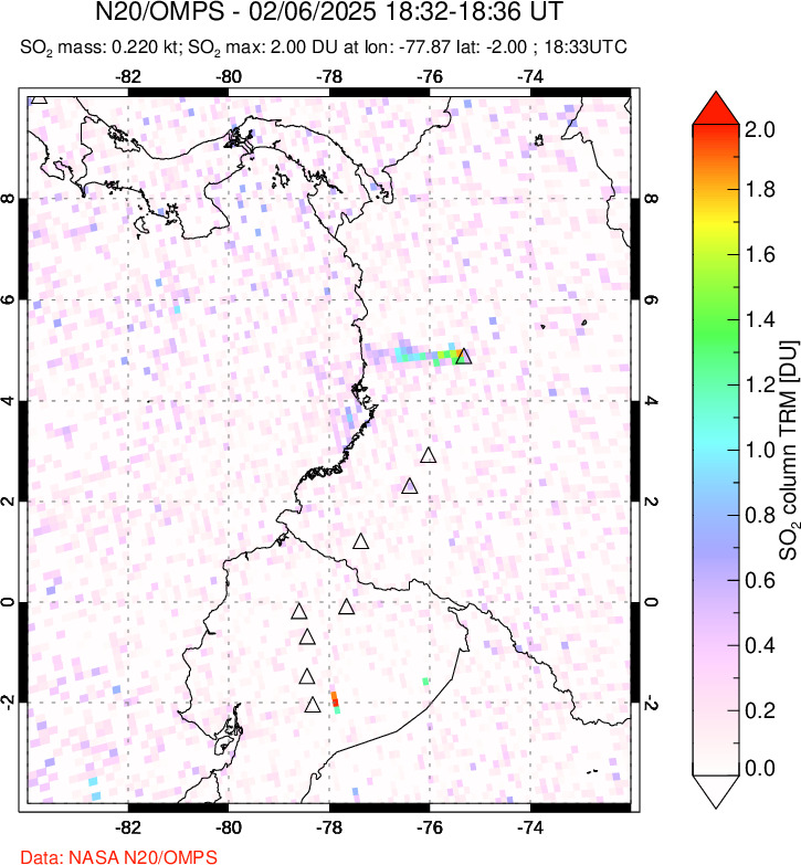 A sulfur dioxide image over Ecuador on Feb 06, 2025.