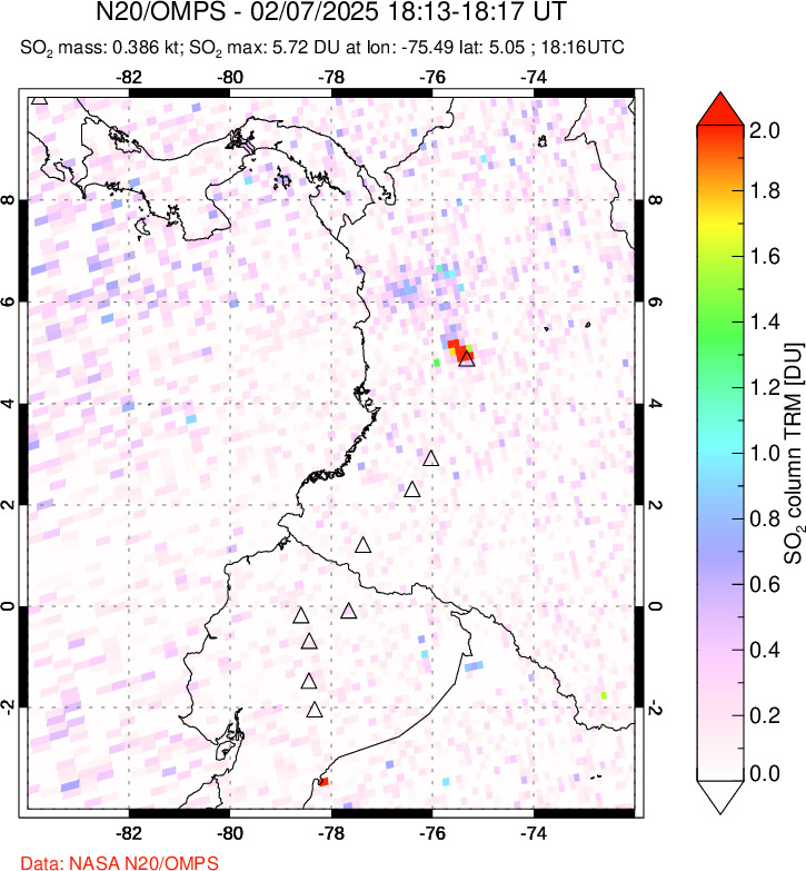 A sulfur dioxide image over Ecuador on Feb 07, 2025.