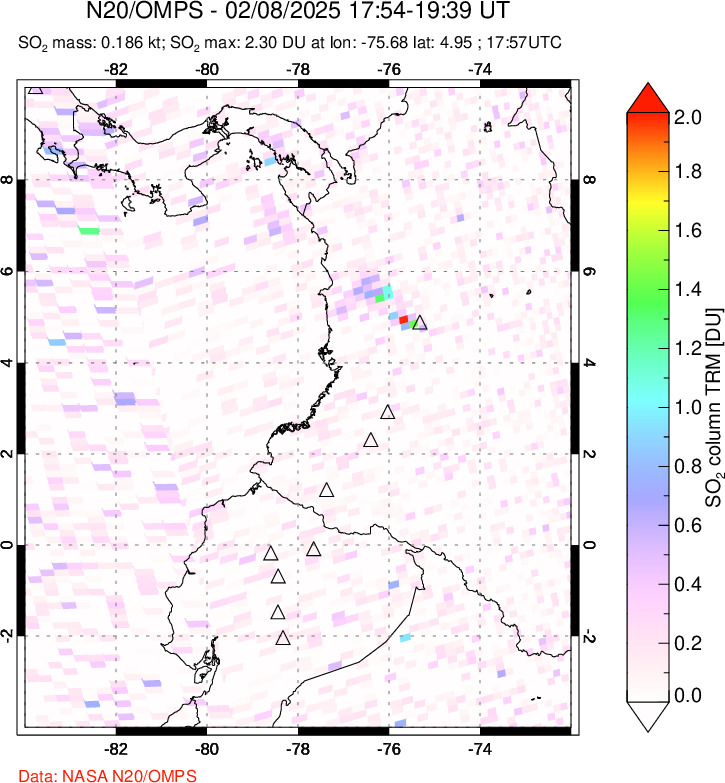 A sulfur dioxide image over Ecuador on Feb 08, 2025.