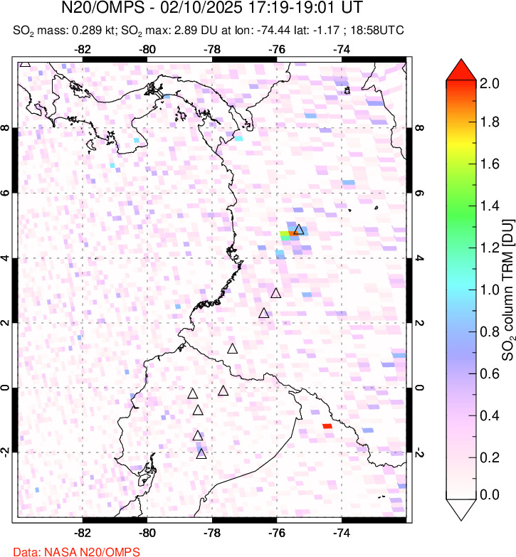 A sulfur dioxide image over Ecuador on Feb 10, 2025.