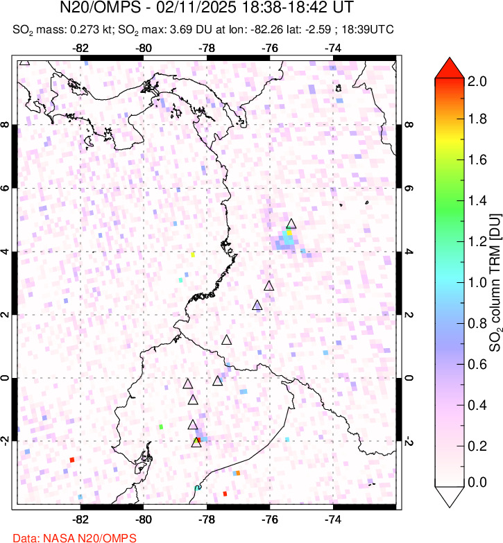 A sulfur dioxide image over Ecuador on Feb 11, 2025.