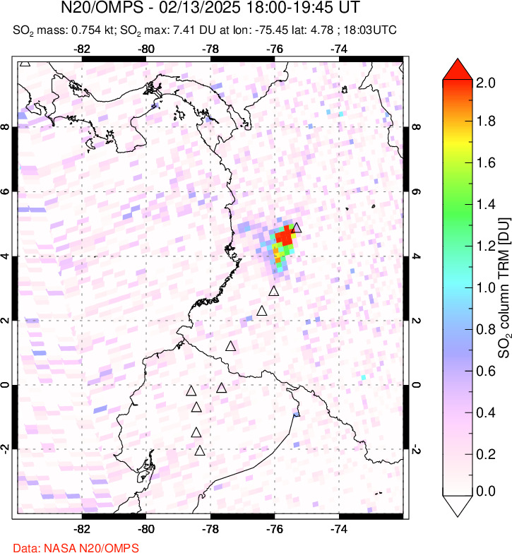 A sulfur dioxide image over Ecuador on Feb 13, 2025.