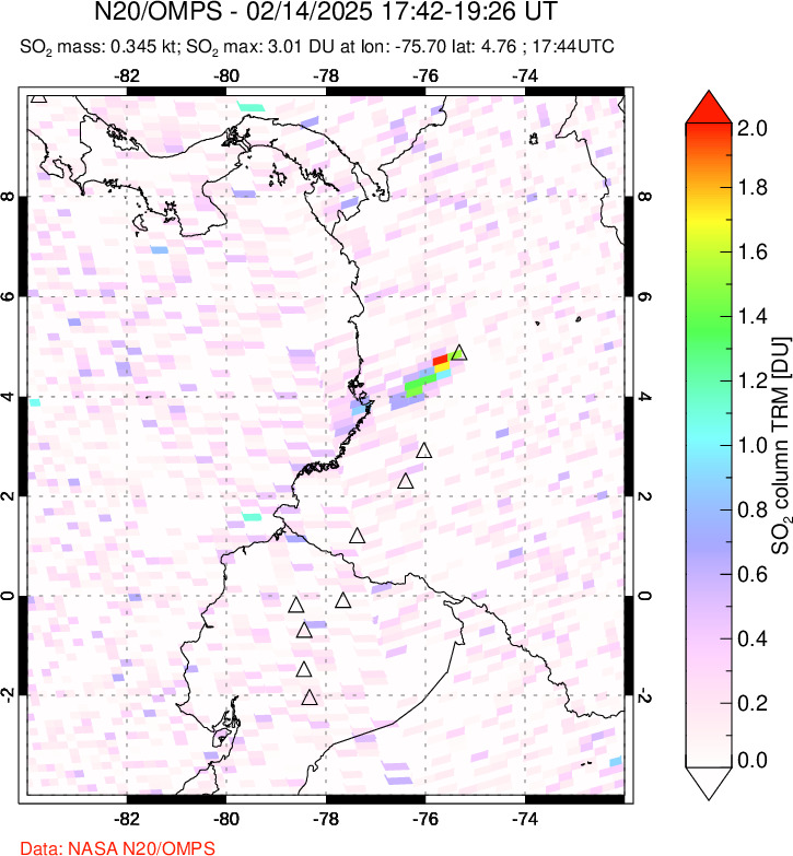 A sulfur dioxide image over Ecuador on Feb 14, 2025.