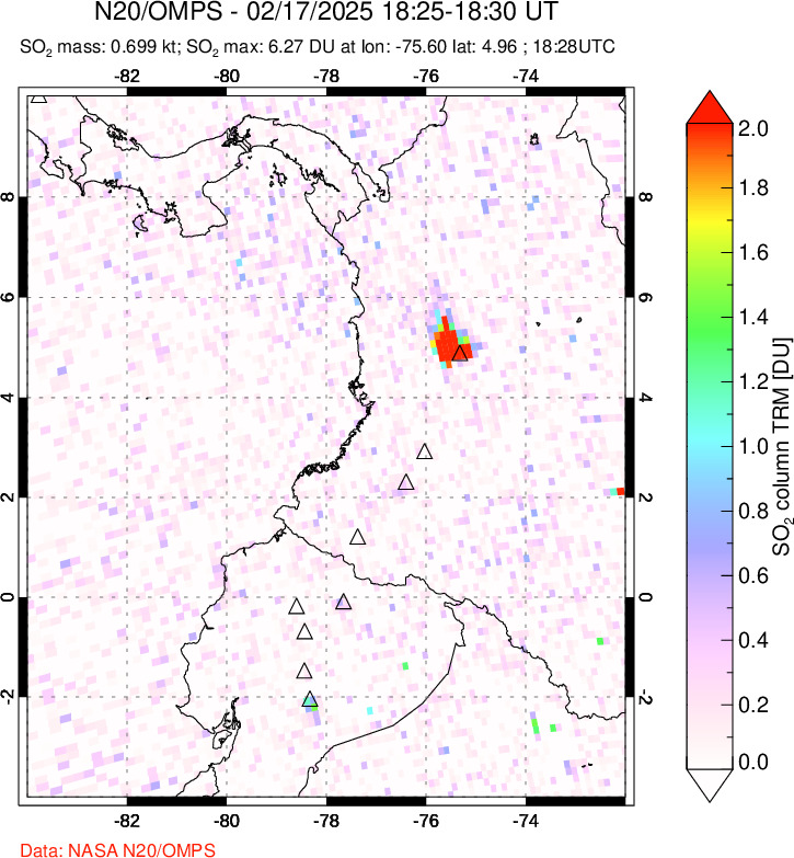 A sulfur dioxide image over Ecuador on Feb 17, 2025.