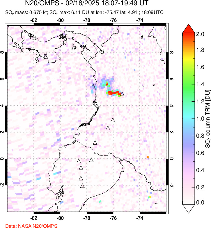 A sulfur dioxide image over Ecuador on Feb 18, 2025.