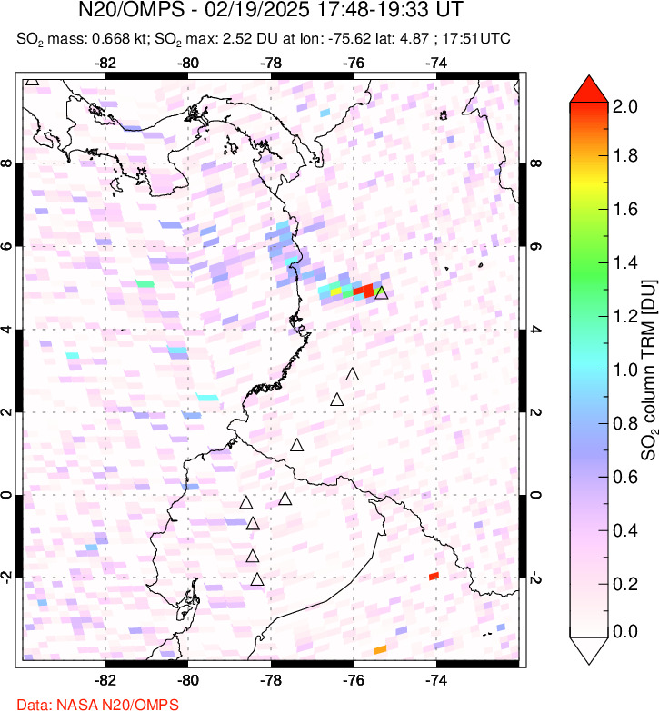 A sulfur dioxide image over Ecuador on Feb 19, 2025.