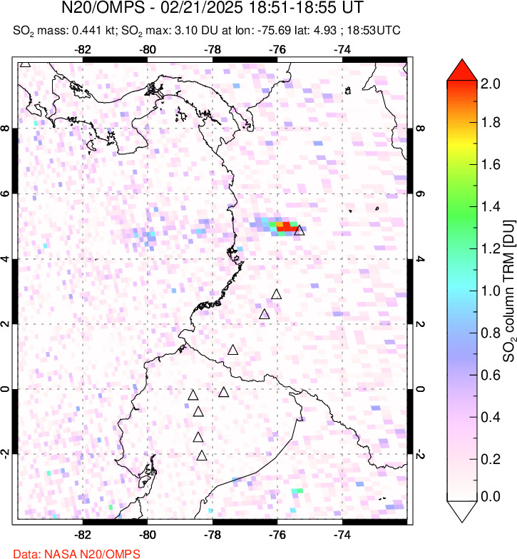 A sulfur dioxide image over Ecuador on Feb 21, 2025.