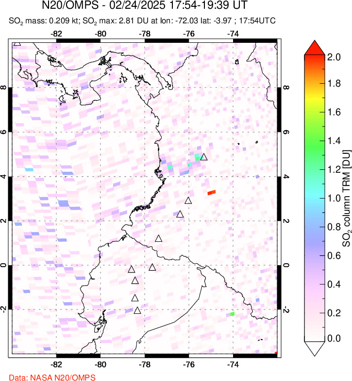 A sulfur dioxide image over Ecuador on Feb 24, 2025.