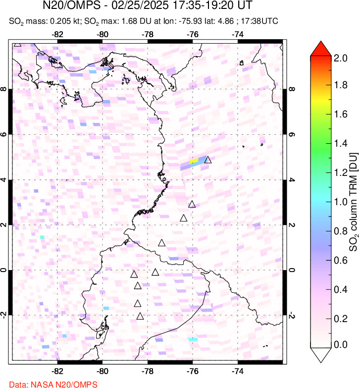 A sulfur dioxide image over Ecuador on Feb 25, 2025.