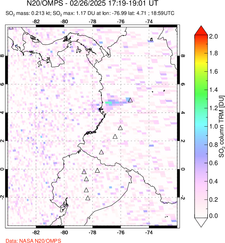 A sulfur dioxide image over Ecuador on Feb 26, 2025.