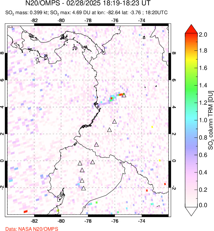 A sulfur dioxide image over Ecuador on Feb 28, 2025.