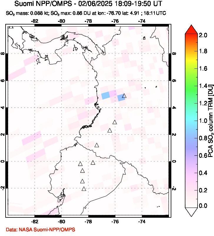 A sulfur dioxide image over Ecuador on Feb 06, 2025.