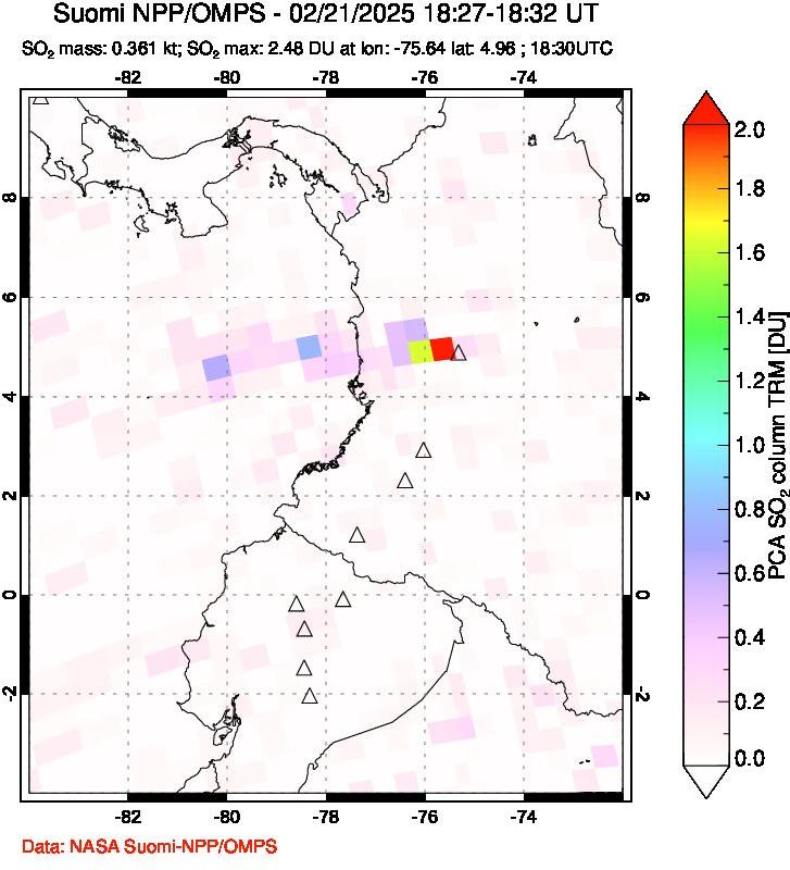 A sulfur dioxide image over Ecuador on Feb 21, 2025.