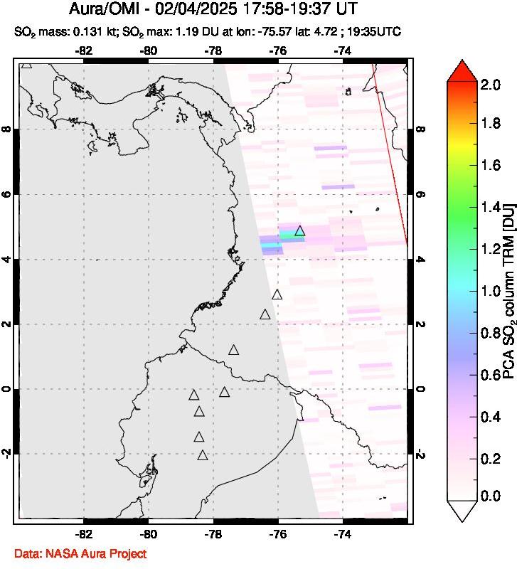 A sulfur dioxide image over Ecuador on Feb 04, 2025.