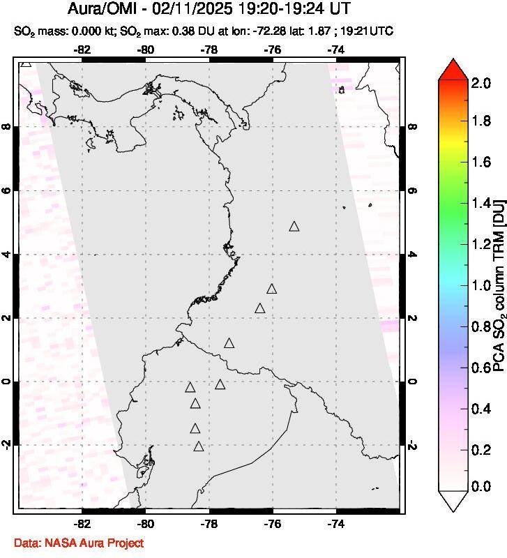 A sulfur dioxide image over Ecuador on Feb 11, 2025.