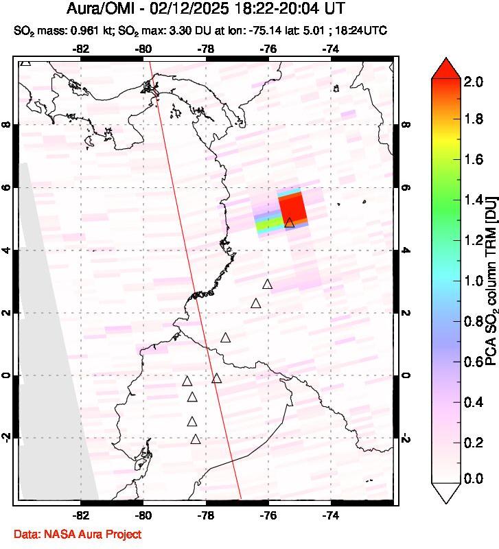 A sulfur dioxide image over Ecuador on Feb 12, 2025.