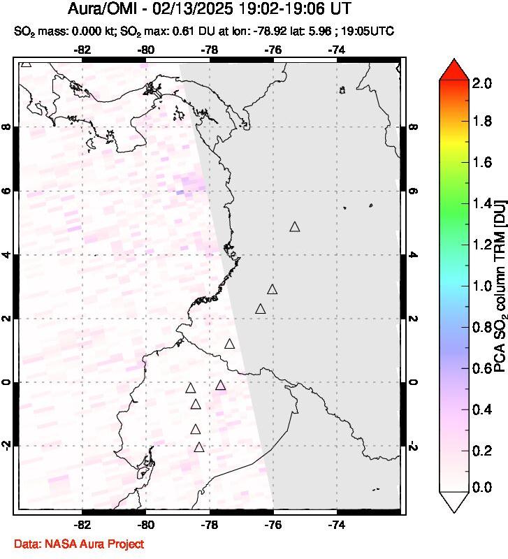 A sulfur dioxide image over Ecuador on Feb 13, 2025.