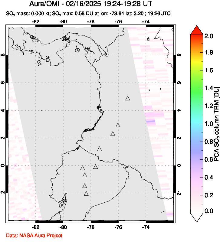 A sulfur dioxide image over Ecuador on Feb 16, 2025.