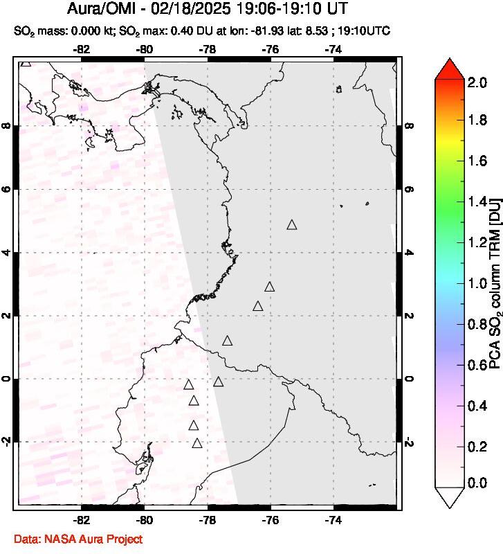 A sulfur dioxide image over Ecuador on Feb 18, 2025.