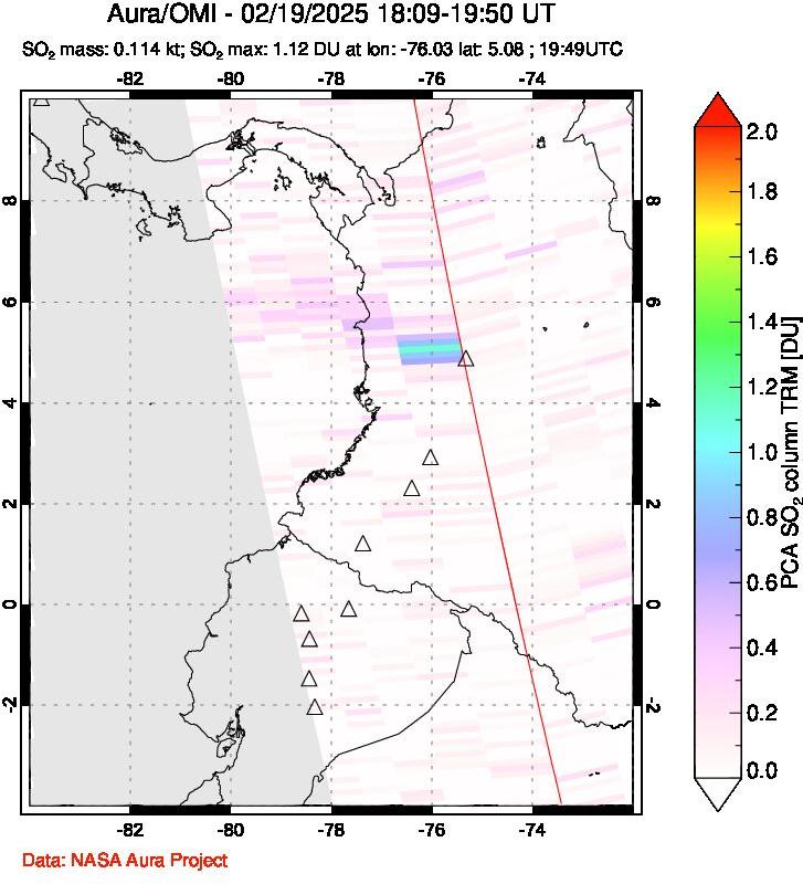 A sulfur dioxide image over Ecuador on Feb 19, 2025.