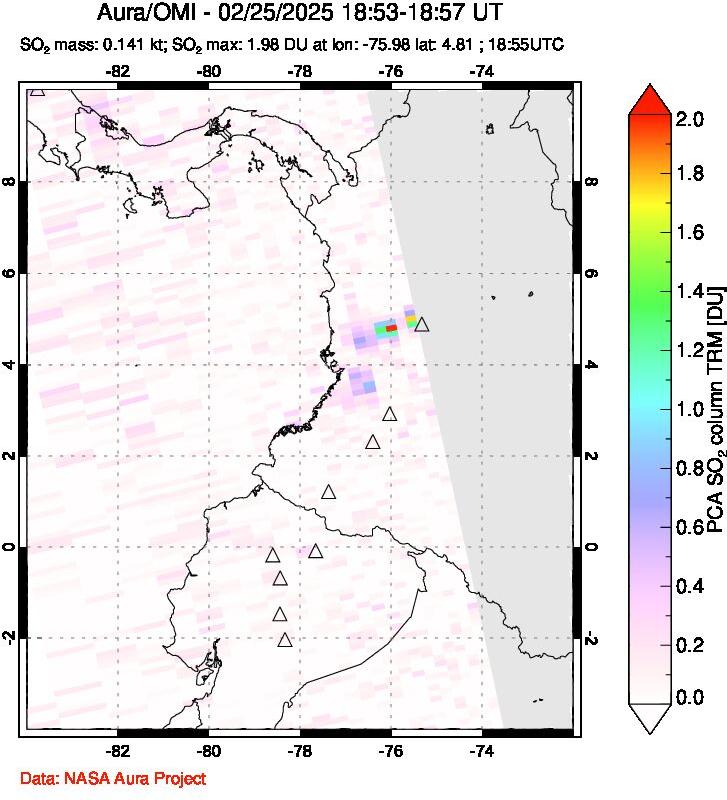 A sulfur dioxide image over Ecuador on Feb 25, 2025.