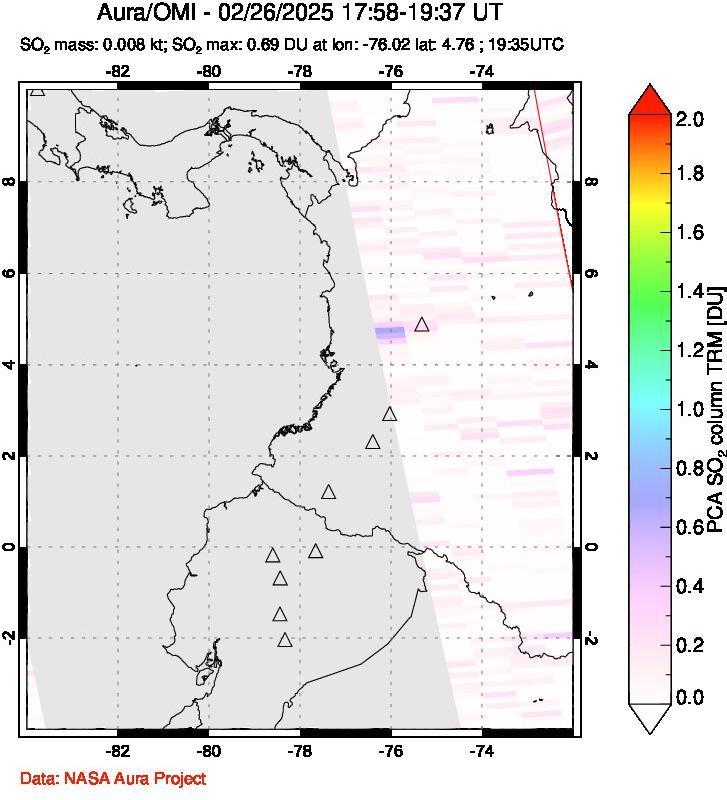 A sulfur dioxide image over Ecuador on Feb 26, 2025.