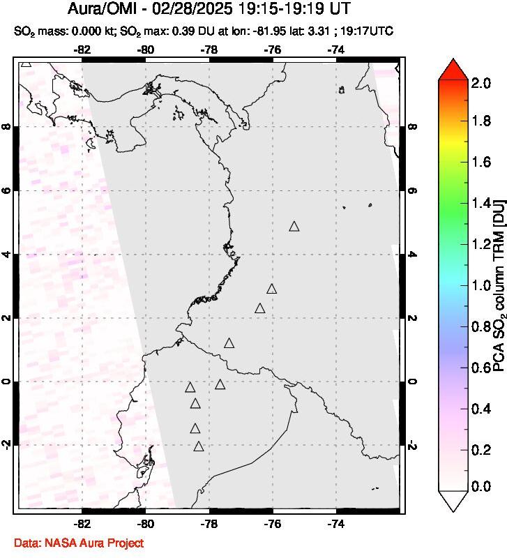 A sulfur dioxide image over Ecuador on Feb 28, 2025.