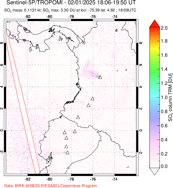 A sulfur dioxide image over Ecuador on Feb 01, 2025.