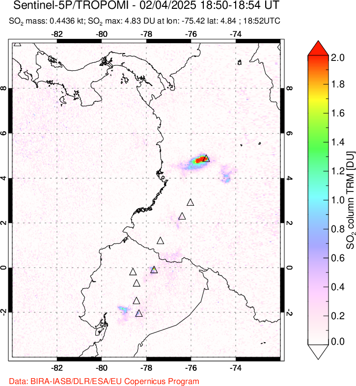 A sulfur dioxide image over Ecuador on Feb 04, 2025.