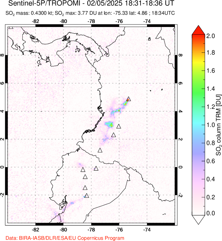 A sulfur dioxide image over Ecuador on Feb 05, 2025.