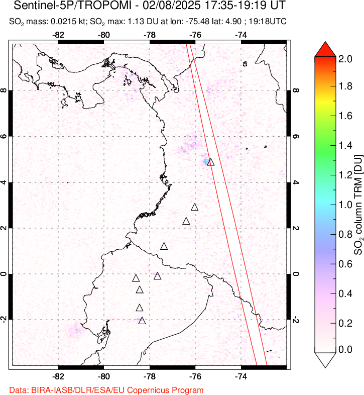 A sulfur dioxide image over Ecuador on Feb 08, 2025.