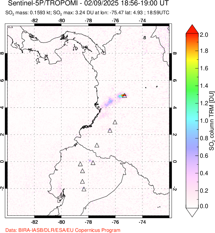 A sulfur dioxide image over Ecuador on Feb 09, 2025.