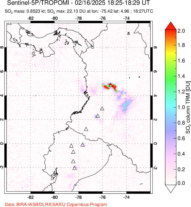 A sulfur dioxide image over Ecuador on Feb 16, 2025.