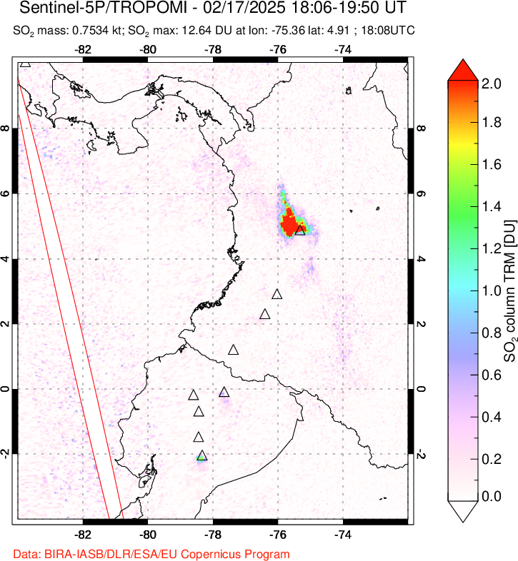 A sulfur dioxide image over Ecuador on Feb 17, 2025.