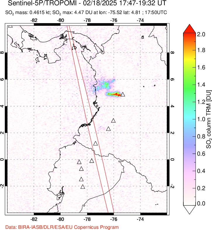 A sulfur dioxide image over Ecuador on Feb 18, 2025.