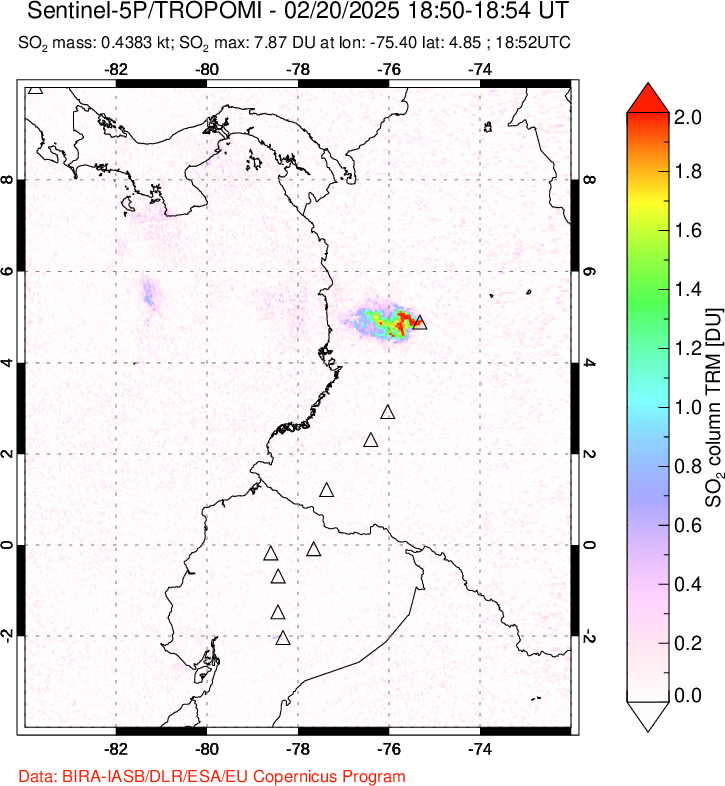 A sulfur dioxide image over Ecuador on Feb 20, 2025.