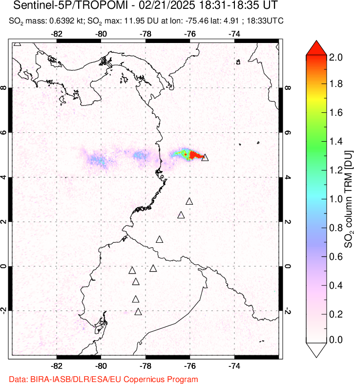 A sulfur dioxide image over Ecuador on Feb 21, 2025.